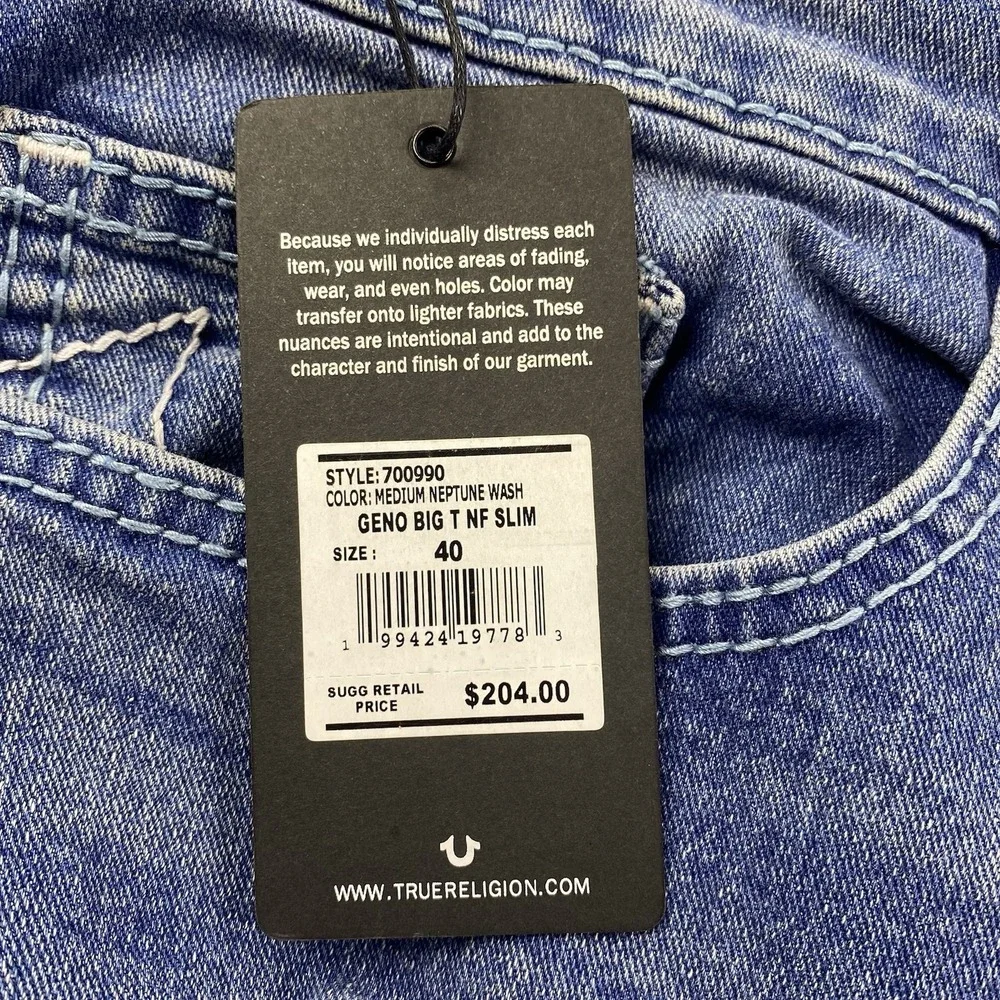 True Religion Geno Big T NF Slim Jeans Medium Neptune Wash Size 40 NWT $204
